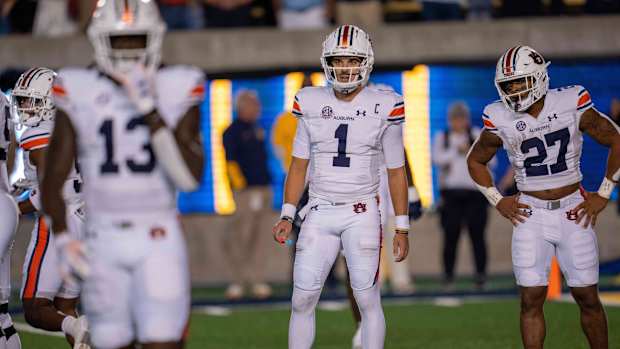 Sep 9, 2023; Berkeley, California, USA; Auburn Tigers quarterback Payton Thorne (1) looks in for the play during the first quarter against the California Golden Bears at California Memorial Stadium. Mandatory Credit: Neville E. Guard-USA TODAY Sports  